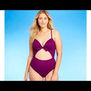 NWT Ribbed Tie-Front Cut-Out One Piece Swimsuit